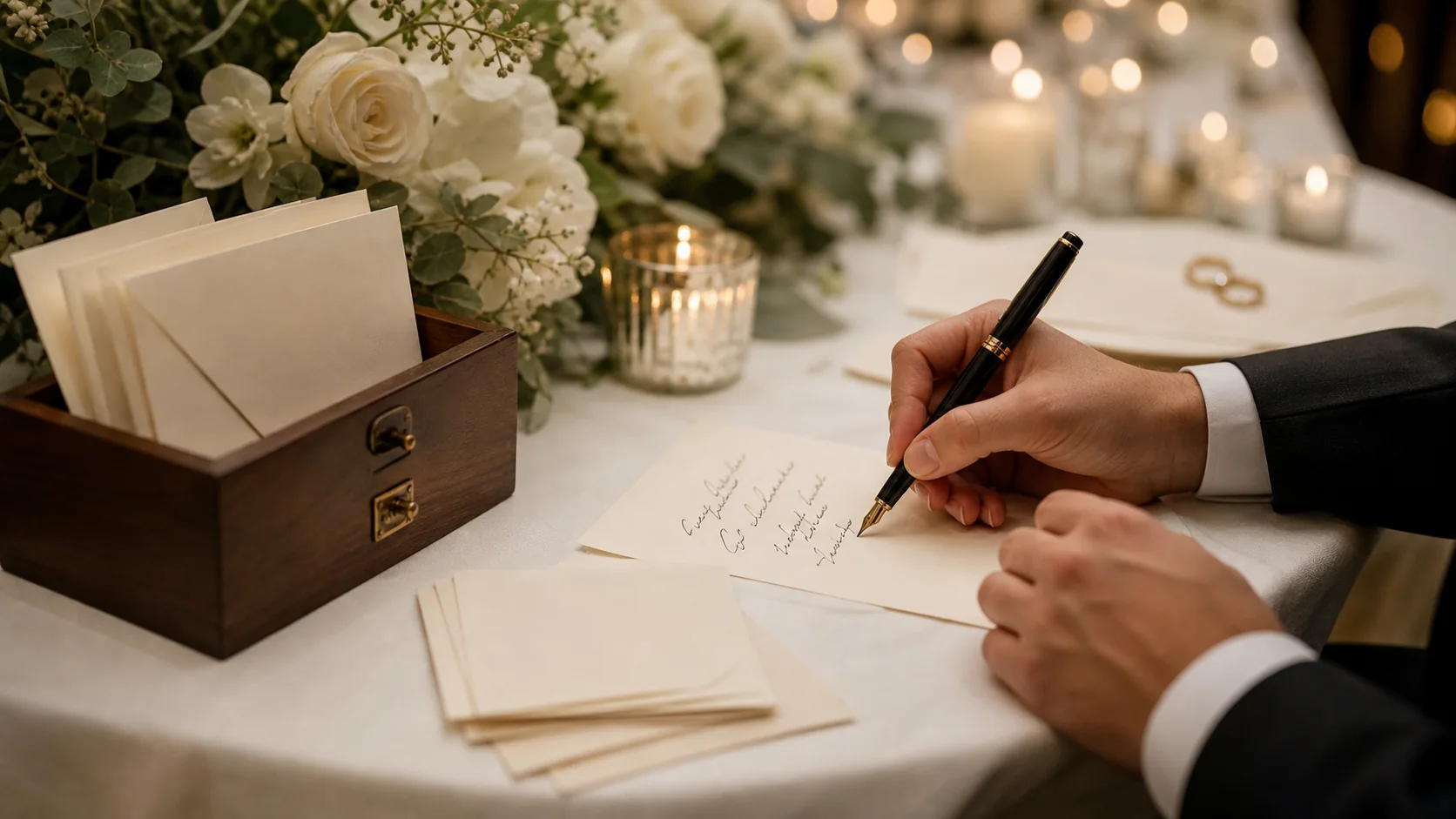 A wedding guest writing a letter beside flowers and a keepsake box