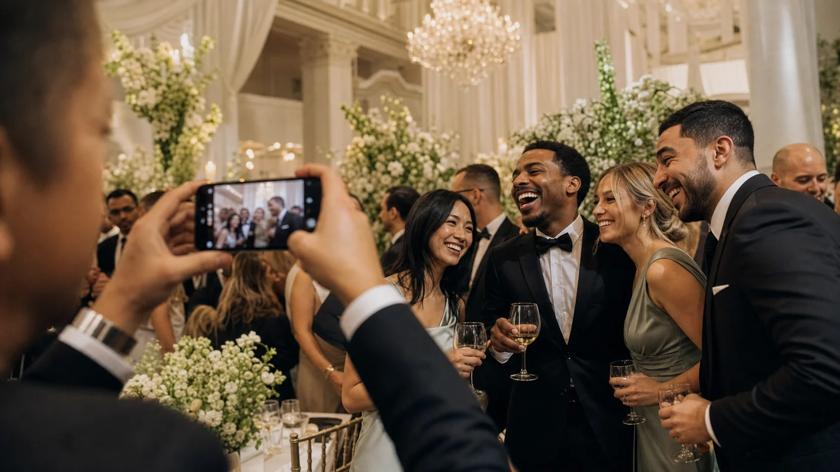 A wedding guest capturing a joyful candid moment on a phone